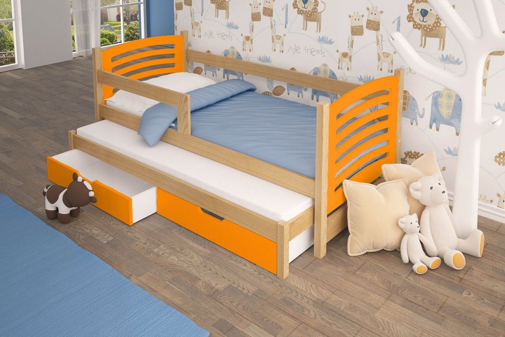 Veneti Detská posteľ s prístelkou KALA 2 - 75x180, borovica / oranžová